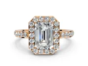 Halo Engagement Ring Setting for Emerald Cut Center with Heart-Shaped Openwork, Pave Band and Prong Head in Rose Gold