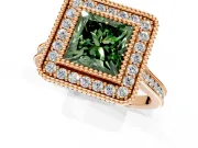Halo Engagement Ring Setting for Fancy Green Princess Cut Center with Milgrain Frame, Pave Band and Prong Head in Rose Gold