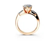 3 Stone Engagement Ring Setting for Heart-Shaped Center with Tapered Baguettes, Plain Band and Prong Head in Rose Gold