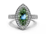 Milgrain Halo Engagement Ring Setting for Fancy Green Marquise Center with Pave Band and Prong Head in White Gold