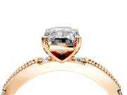 Solitaire Engagement Ring Setting for Emerald Cut Center with Milgrain-Edged Pave Band and Prong Head in Rose Gold
