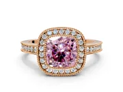 Halo Engagement Ring Setting for Fancy Pink Cushion Cut Center with Milgrain Halo, Pave Band and Prong Head in Rose Gold
