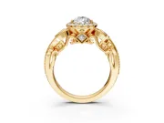 Milgrain Halo Engagement Ring Setting for Pear-Shaped Center with Shoulder Bezels and Prong Head in Yellow Gold