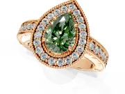 Milgrain Halo Engagement Ring Setting for Fancy Green Pear-Shaped Center with Pave Band and Prong Head in Rose Gold