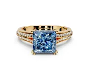 Solitaire Engagement Ring Setting for Fancy Blue Princess Cut Center with Pave Rail Split Shank and Prong Head in Yellow Gold