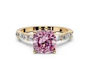 Baguette Engagement Ring Setting for Fancy Pink Cushion Cut Center with Alternating Bar-Set Band and Prong Head in Yellow Gold