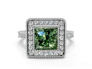 Halo Engagement Ring Setting for Fancy Green Princess Cut Center with Milgrain Frame, Pave Band and Prong Head in White Gold