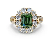Large Accent Halo Engagement Ring Setting for Fancy Green Emerald Cut Center with Pave Split Shank and Prong Head in Yellow Gold