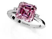 3 Stone Engagement Ring Setting for Fancy Pink Asscher Cut Center with Low-Set Round Cut Accents and Prong Head in Sterling Silver