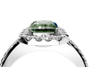 Pave Halo Engagement Ring Setting for Fancy Green Radiant Cut Center with Single Row Pave Band and Prong Head in White Gold