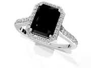 Halo Engagement Ring Setting for Fancy Black Radiant Cut Center with Pave Accents, Heart Basket and Prong Head in Sterling Silver