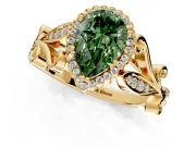 Halo Engagement Ring Setting for Fancy Green Pear-Shaped Center with Leaf Motif Split Shank and Prong Head in Yellow Gold