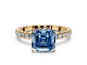 Open Basket Engagement Ring Setting for Fancy Blue Asscher Cut Center with Pave Band and Prong Head in Yellow Gold