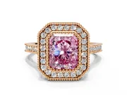 Halo Engagement Ring Setting for Fancy Pink Radiant Cut Center with Milgrain Frame, Pave Band and Prong Head in Rose Gold
