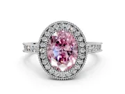 Halo Engagement Ring Setting for Fancy Pink Oval Center with Milgrain Pave Band and Bezel Head in Sterling Silver