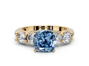5 Stone Engagement Ring Setting for Fancy Blue Cushion Cut Center with Graduated Accents and Prong Head in Yellow Gold