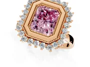 Halo Engagement Ring Setting for Fancy Pink Radiant Cut Center with Milgrain Bezel Rim, Plain Band and Prong Head in Rose Gold