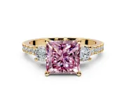3 Stone Engagement Ring Setting for Fancy Pink Princess Cut Center with Round Cut Side Accents and Prong Head in Yellow Gold