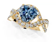 Halo Engagement Ring Setting for Fancy Blue Heart-Shaped Center with Pave Infinity Twist Band and Prong Head in Yellow Gold