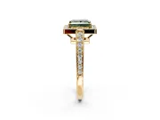 Bezel-Framed Halo Engagement Ring Setting for Fancy Green Princess Cut Center with Pave Band and Prong Head in Yellow Gold