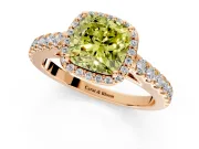 Halo Engagement Ring Setting for Fancy Yellow Cushion Cut Center with Full Pave Band and Prong Head in Rose Gold
