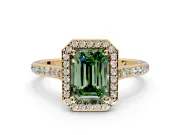 Halo Engagement Ring Setting for Fancy Green Emerald Cut Center with Pave Accents, Heart Basket and Prong Head in Yellow Gold