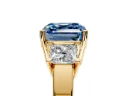 3 Stone Engagement Ring Setting for Fancy Blue Asscher Cut Center with Matching Side Accents and Prong Head in Yellow Gold