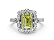 Milgrain Halo Engagement Ring Setting for Fancy Yellow Emerald Cut Center with Bezel Point Accents and Prong Head in White Gold
