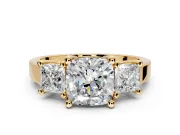 3 Stone Engagement Ring Setting for Cushion Cut Center with Matching Side Accents and Prong Head in Yellow Gold