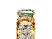 Pave Engagement Ring Setting for Fancy Green Princess Cut Center with Curved Accent Rows, Openwork and Prong Head in Yellow Gold