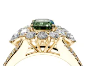 Halo Engagement Ring Setting for Fancy Green Emerald Cut Center with Two-Strand Split Shank and Prong Head in Yellow Gold