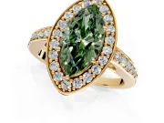 Bezel-Framed Halo Engagement Ring Setting for Fancy Green Marquise Center with Pave Band and Prong Head in Yellow Gold