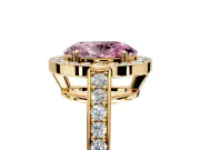Bezel-Framed Halo Engagement Ring Setting for Fancy Pink Oval Center with Pave Band and Prong Head in Yellow Gold