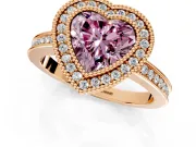 Halo Engagement Ring Setting for Fancy Pink Heart-Shaped Center with Milgrain Halo, Pave Band and Prong Head in Rose Gold