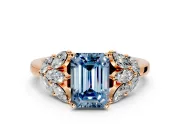 Leaf Cluster Engagement Ring Setting for Fancy Blue Emerald Cut Center with Marquise Accents and Prong Head in Rose Gold