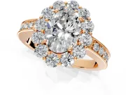 Halo Engagement Ring Setting for Oval Center with Milgrain Channel Band and Prong Head in Rose Gold