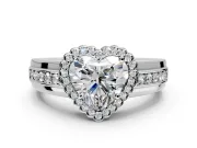 Halo Engagement Ring Setting for Heart-Shaped Center with Wide Band, Inlaid Accent Row and Prong Head in Platinum