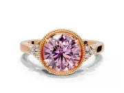 Cluster Engagement Ring Setting for Fancy Pink Round Cut Center with Milgrain Shoulder Clusters and Prong Head in Rose Gold
