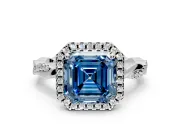 Halo Engagement Ring Setting for Fancy Blue Asscher Cut Center with Pave and Plain Twist Band and Prong Head in White Gold