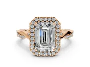 Halo Engagement Ring Setting for Emerald Cut Center with Twist Band and Prong Head in Rose Gold