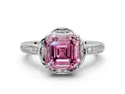 Floral Engagement Ring Setting for Fancy Pink Asscher Cut Center with Four Accent Clusters and Prong Head in Platinum