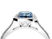 Halo Engagement Ring Setting for Fancy Blue Emerald Cut Center with Pave Accents, Heart Basket and Prong Head in Platinum