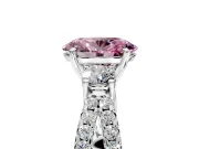 3 Stone Engagement Ring Setting for Fancy Pink Oval Center with Pave Split Shank and Prong Head in White Gold