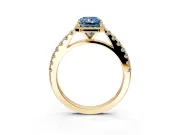 Halo Engagement Ring Setting for Fancy Blue Radiant Cut Center with Full Pave Band and Prong Head in Yellow Gold