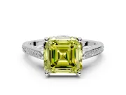 Cathedral Engagement Ring Setting for Fancy Yellow Asscher Cut Center with Antique-Style Pave Band and Prong Head in Platinum