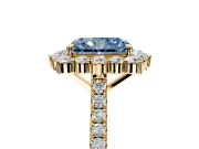 Halo Engagement Ring Setting for Fancy Blue Radiant Cut Center with Single-Row Pave, Open Basket and Prong Head in Yellow Gold