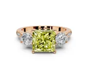 3 Stone Engagement Ring Setting for Fancy Yellow Princess Cut Center with Crossover Basket, Pave Band and Prong Head in Rose Gold