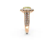 Large Accent Halo Engagement Ring Setting for Fancy Yellow Radiant Cut Center with Pave Split Shank and Prong Head in Rose Gold