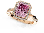 Halo Engagement Ring Setting for Fancy Pink Radiant Cut Center with Pave and Plain Twist Band and Prong Head in Rose Gold