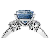 3 Stone Engagement Ring Setting for Fancy Blue Princess Cut Center with Round Cut Side Accents and Prong Head in White Gold